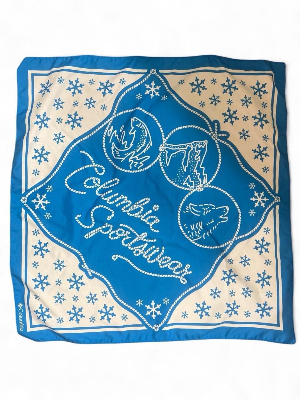 Columbia Sportswear blue white snowflakes winter bandana hair scarf ski outdoors
